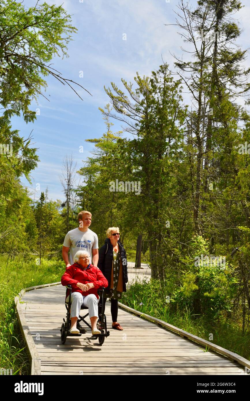 Grandmother, daughter and her son enjoying a walk in a nature area using boardwalk, grandson pushing wheelchair for mobility, Baileys Harbor, WI, USA Stock Photo