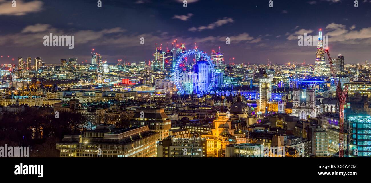 The London Skyline at Night.  This image is over 50 megapixels, shot from a rooftop over 100 meters high; features many of the city's iconic landmarks Stock Photo