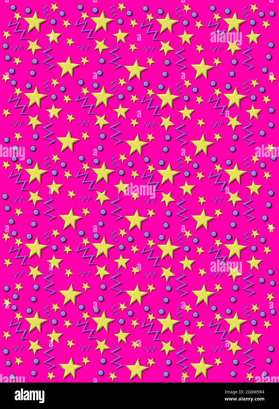 Bright pink background is covered in yellow stars, purple lightning bolts  and purple circles Stock Photo - Alamy