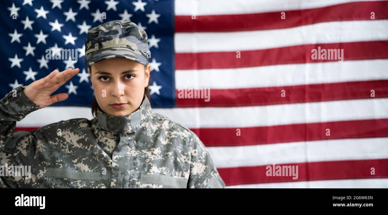US Army Military Soldier Veteran Portrait Against Flag Stock Photo