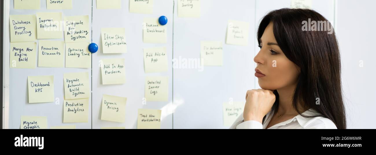 Project Manager Using Kanban Methodology. Scrum Board Whiteboard Stock Photo