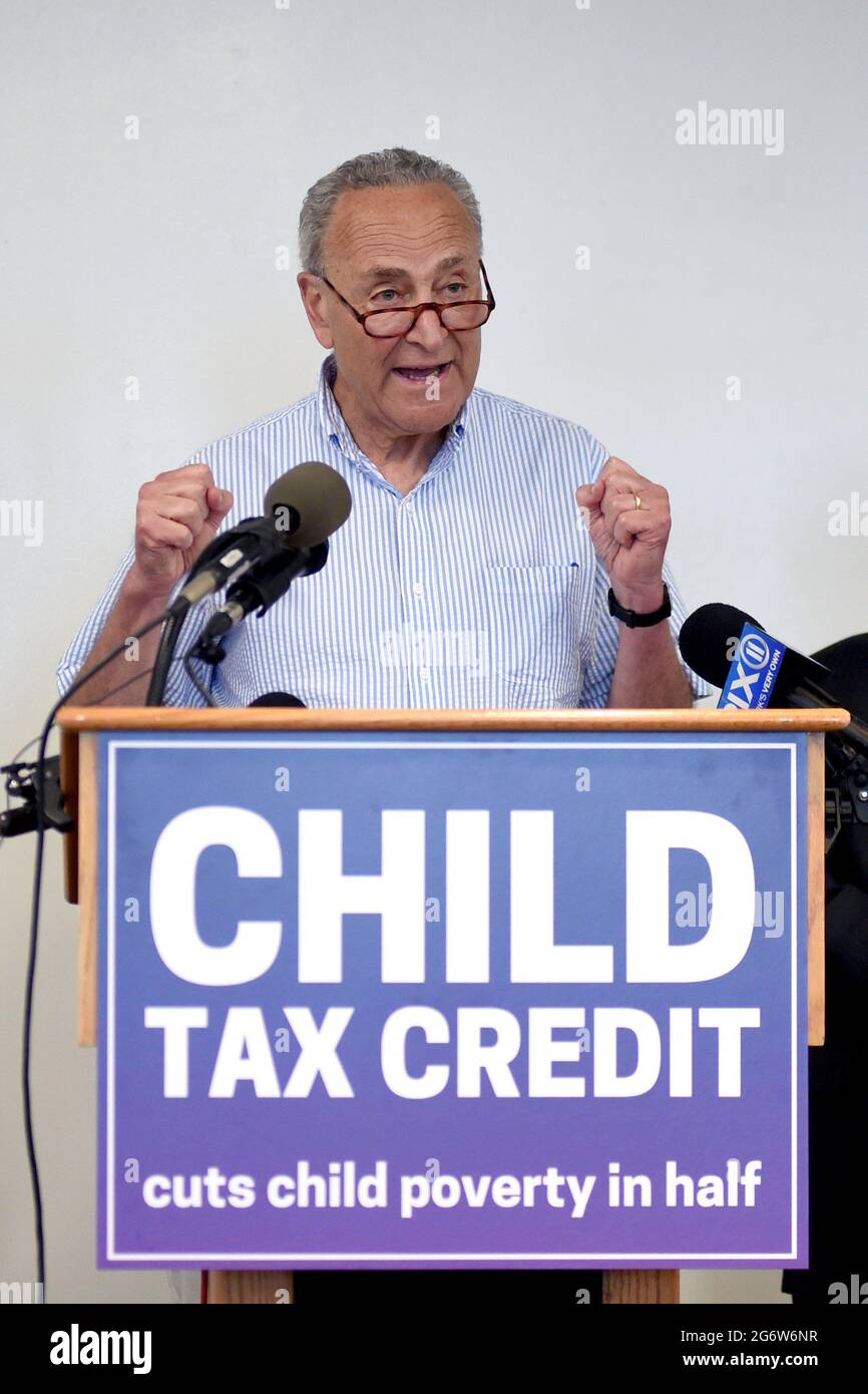 New York, NY, USA. 8th July, 2021. Majority Leader Senator Charles Schumer at the press conference for New York Members of U.S. Congress Hold Press Conference on Child Tax Credit (CTC), Ted Weiss Federal Building, New York, NY July 8, 2021. Credit: Kristin Callahan/Everett Collection/Alamy Live News Stock Photo