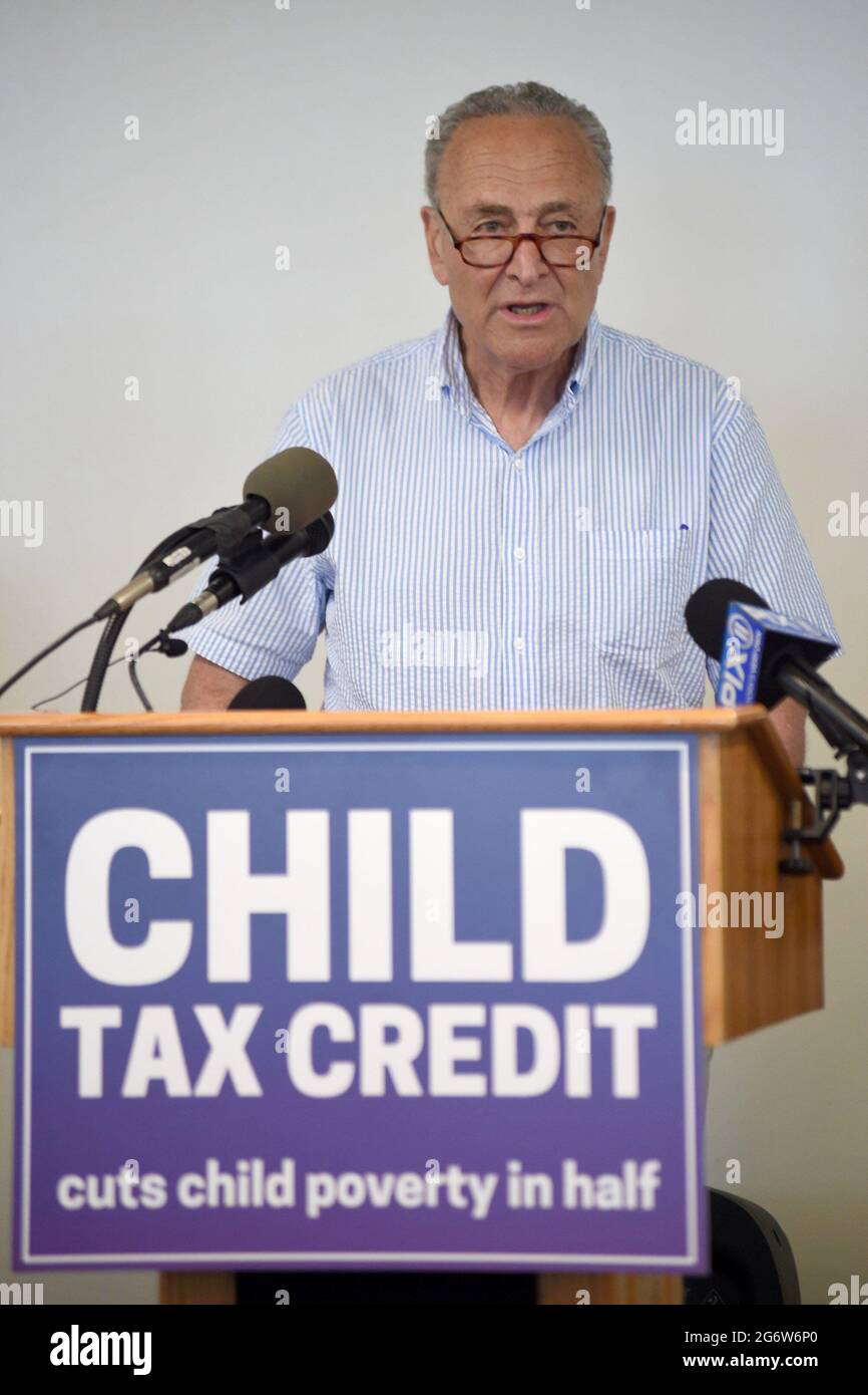 New York, NY, USA. 8th July, 2021. Majority Leader Senator Charles Schumer at the press conference for New York Members of U.S. Congress Hold Press Conference on Child Tax Credit (CTC), Ted Weiss Federal Building, New York, NY July 8, 2021. Credit: Kristin Callahan/Everett Collection/Alamy Live News Stock Photo