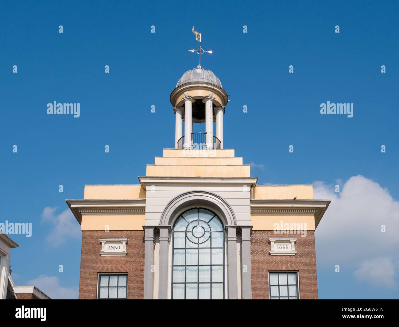 Top front facade of Baptist Church in old town of Akkrum, Friesland, Netherlands Stock Photo