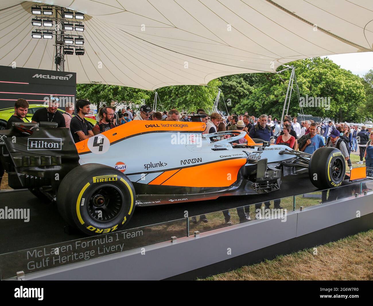 GOODWOOD Motor Circuit, 8th July 2021  McLaren F1 Gulf Heritage Livery car on show to fans during the Festival of Speed, Chichester, United Kingdom Stock Photo