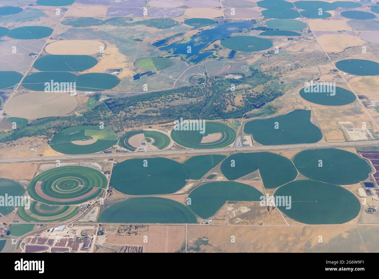 Aerial airplane a view in irrigation circled fields near Pearce, Arizona, USA Stock Photo