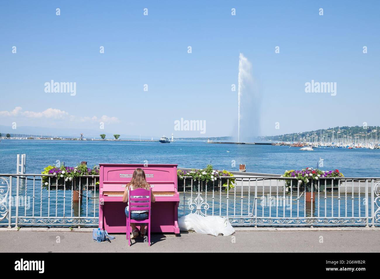Picture of the Water Jet - Jet d'Eau of Geneva, Switzerland, one of the iconic places of the city, on Lake Geneva, also called Lac leman. The Jet d'Ea Stock Photo