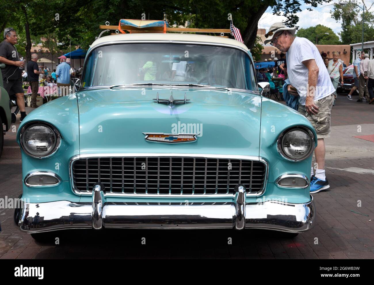 A 1956 Chevrolet station wagon on display at a Fourth of July classic car show in Santa Fe, New Mexico. Stock Photo