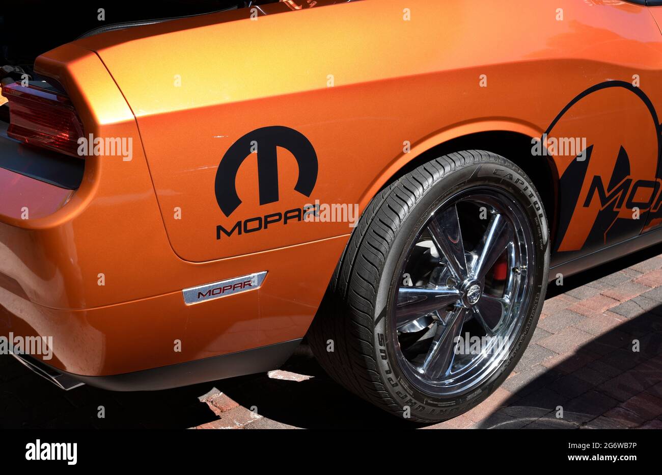 A Mopar (Chrysler Motor Parts Corp.) branded classic car on display at a car show in Santa Fe, New Mexico. Stock Photo