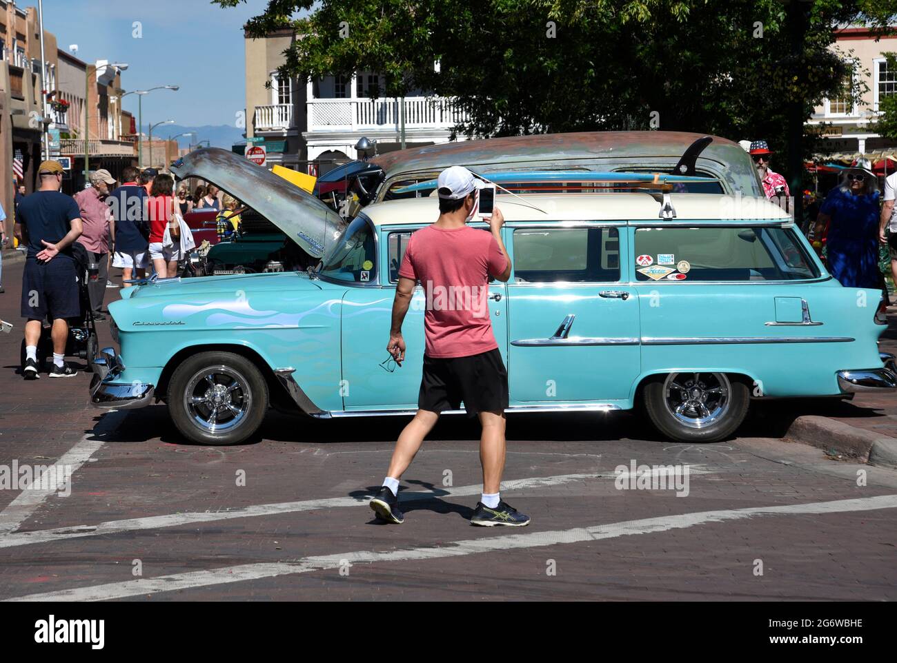 A 1956 Chevrolet station wagon on display at a Fourth of July classic car show in Santa Fe, New Mexico. Stock Photo