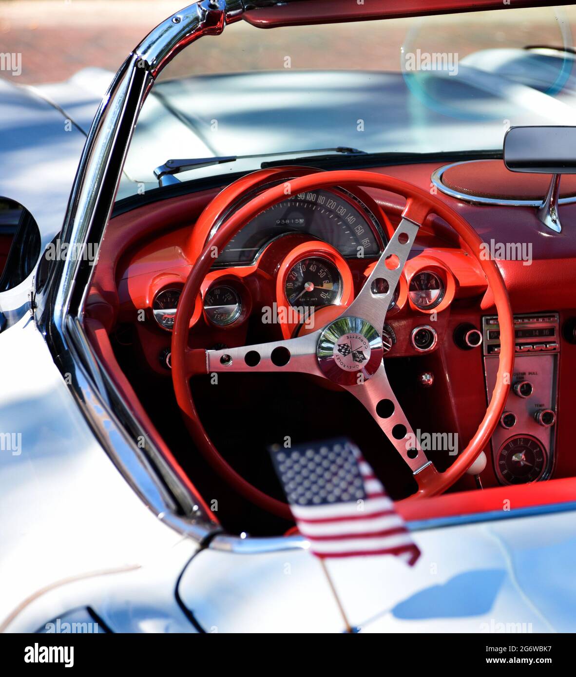 The interior of a 1959 Corvette convertible on display at a Fourth of July classic car show in Santa Fe, New Mexico. Stock Photo