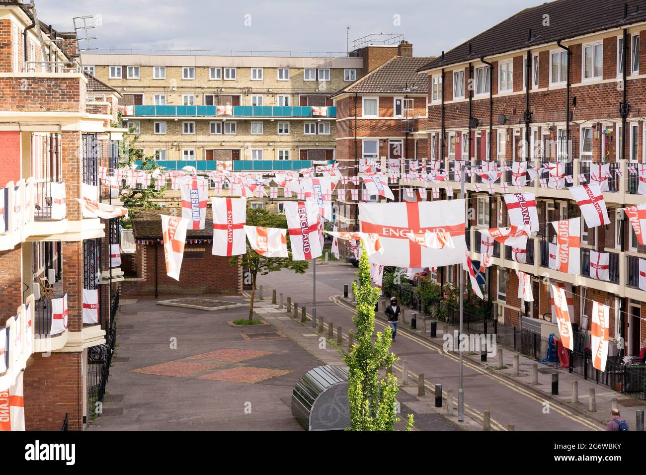 hundreds of England flags decorate every house hold in Kirby Estate