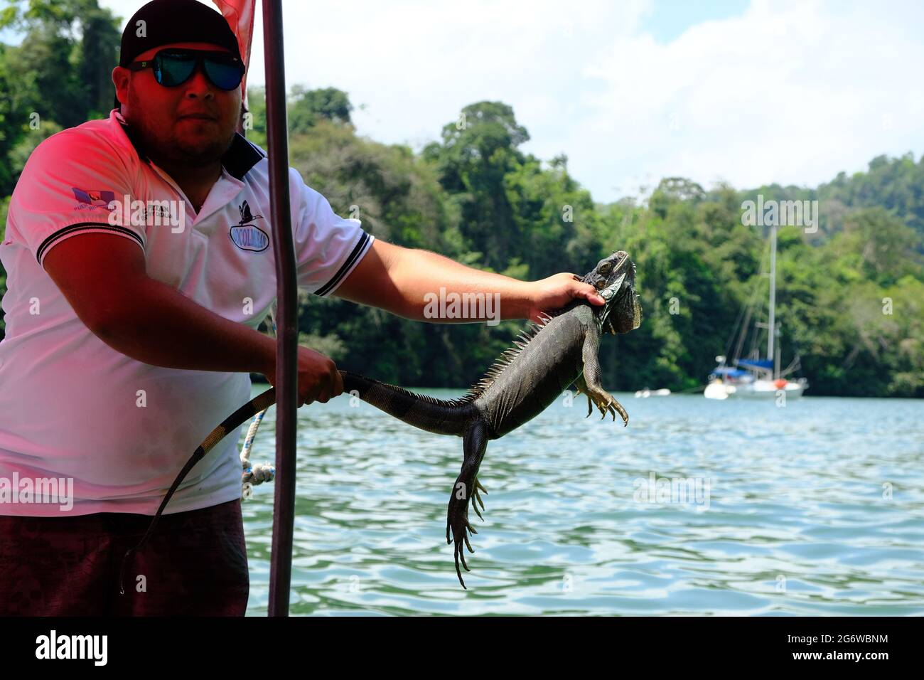 Guatemala Livingston - Lake Izabal - Lago de Izabal holding marine iguana in hands Stock Photo