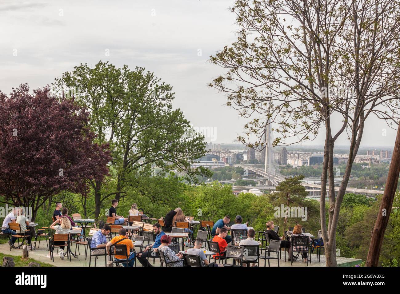 Picture of a terrace with an aerial view over Belgrade city, in Serbia, in Kosutnjak park. Kosutnjak is a park-forest and urban neighborhood of Belgra Stock Photo