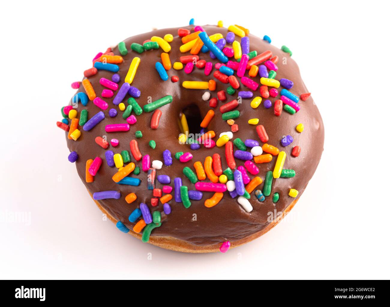 Cake Donut with Chocolate Frosting and Rainbow Colored Sprinkles Stock