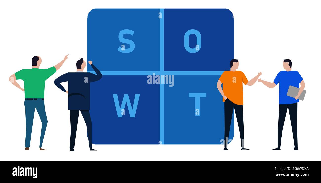 SWOT analysis team of businessman discuss strength weakness opportunity and threat Stock Vector