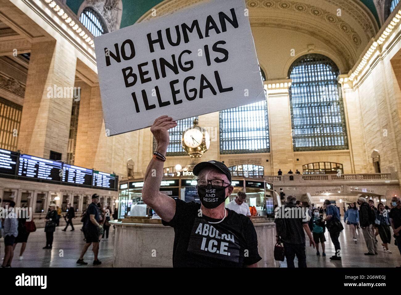 Members of the activist group Rise and Resist gathered on July 8, 2021 at the main hall in Grand Central Station for a protest demanding the Biden administration to permanently end using Title 42 exclusions to detain and deport refugees, to dismantle CBP (Customs and Border Patrol) and ICE (Immigration and Customs Enforcement), and to create a path to citizenship for all. (Photo by Erik McGregor/Sipa USA) Stock Photo