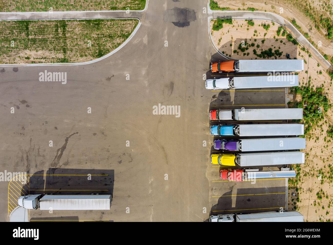 Aerial view of parking lot with trucks on transportation of truck rest
