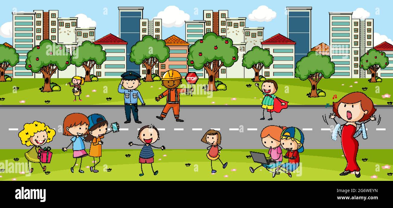 Outdoor scene with many kids playing in the park illustration Stock ...
