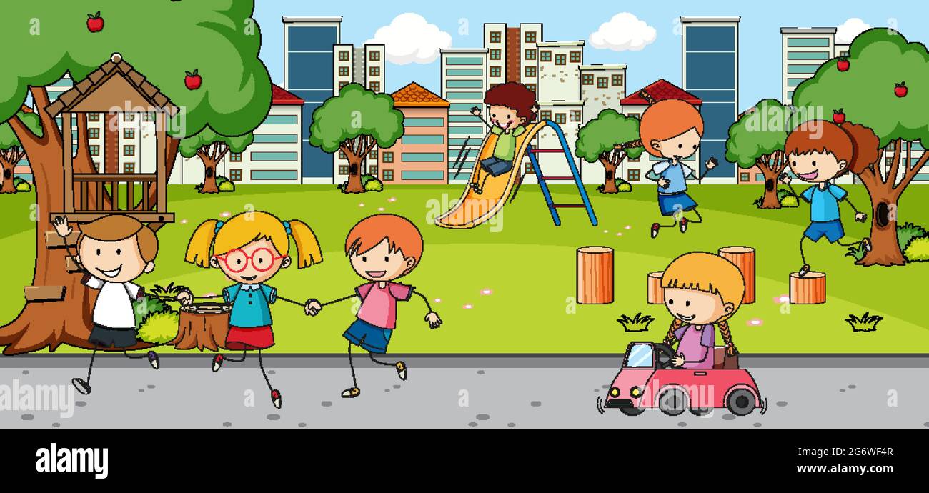 Outdoor scene with many kids playing in the park illustration Stock ...