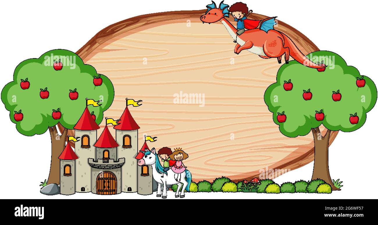 Empty wooden banner with fairy tale cartoon character and elements ...