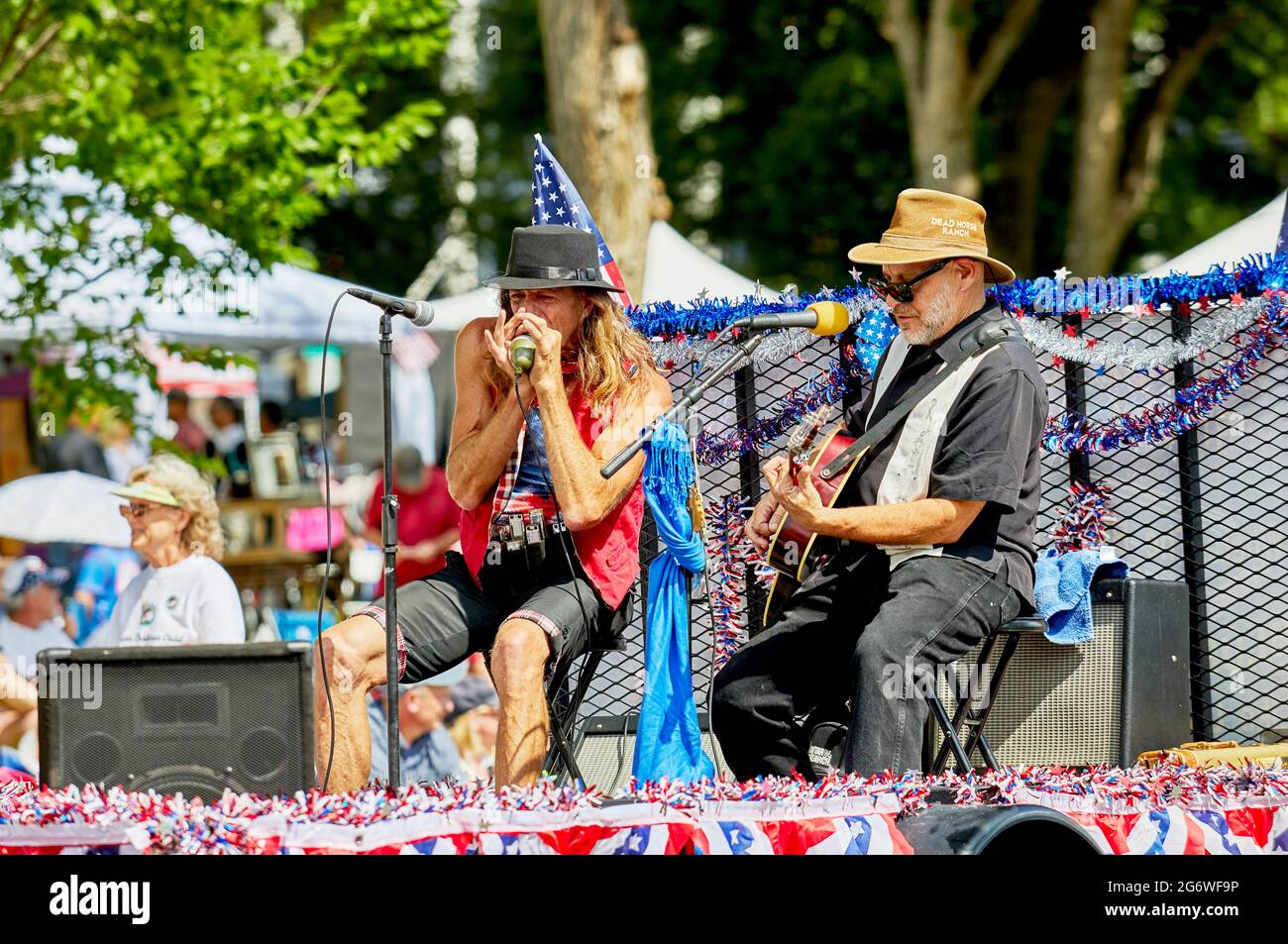 Prescott, Arizona, USA - July 3, 2021: Blues musicians performing on a float in the 4th of July parade Stock Photo