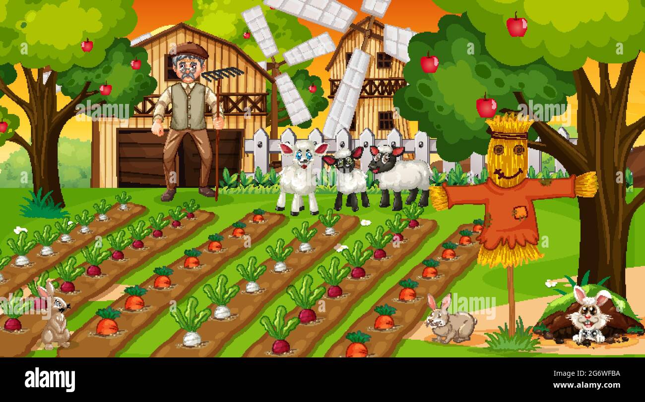 Farm scene at sunset with old farmer man and cute animals illustration ...