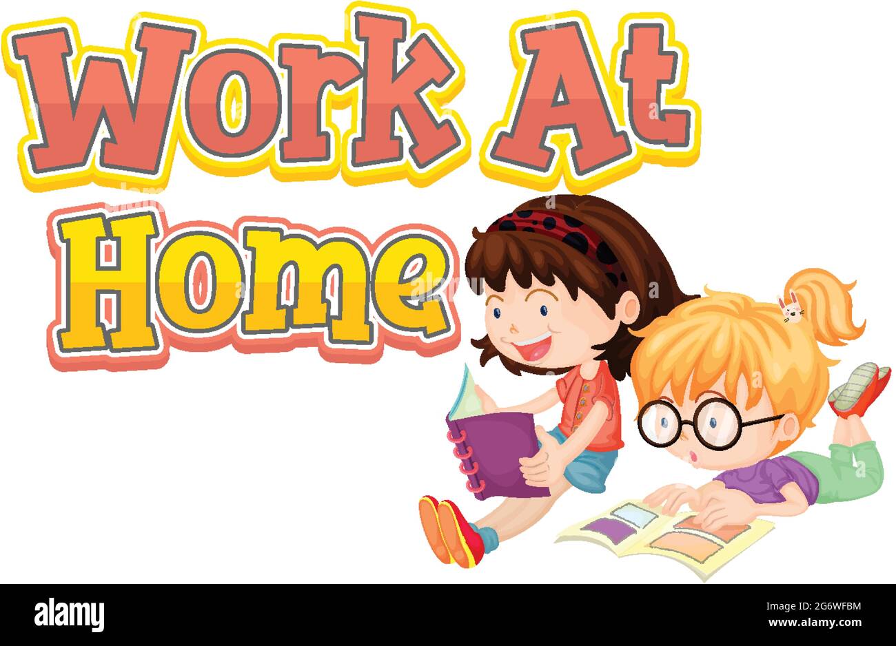 Work At Home font design with two kids reading their books on white ...