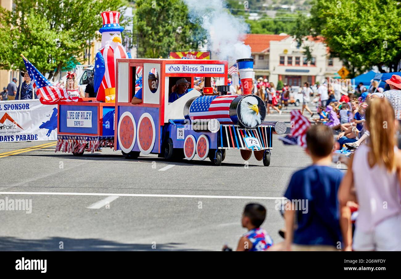 Prescott, Arizona, USA - July 3, 2021: Red, white and blue float made to look like a train in the 4th of July parade Stock Photo