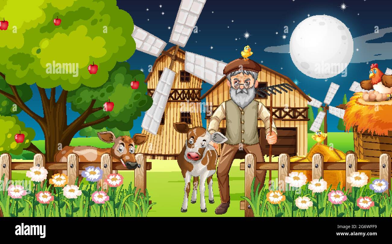 Farm at night scene with old farmer man and farm animals illustration ...