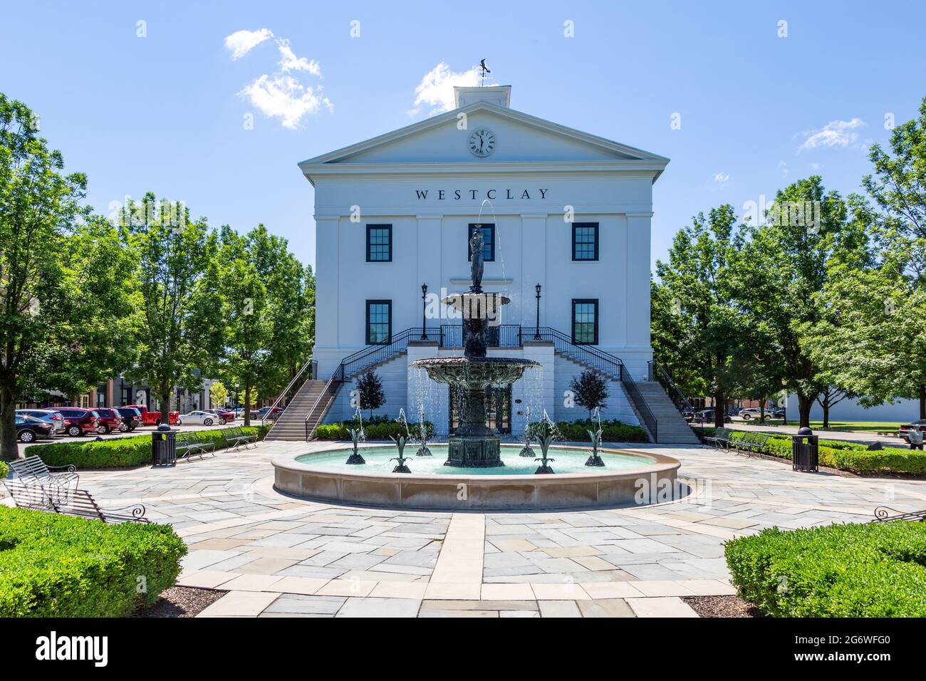 The Meeting House and its fountain in Carmel, Indiana's Village of