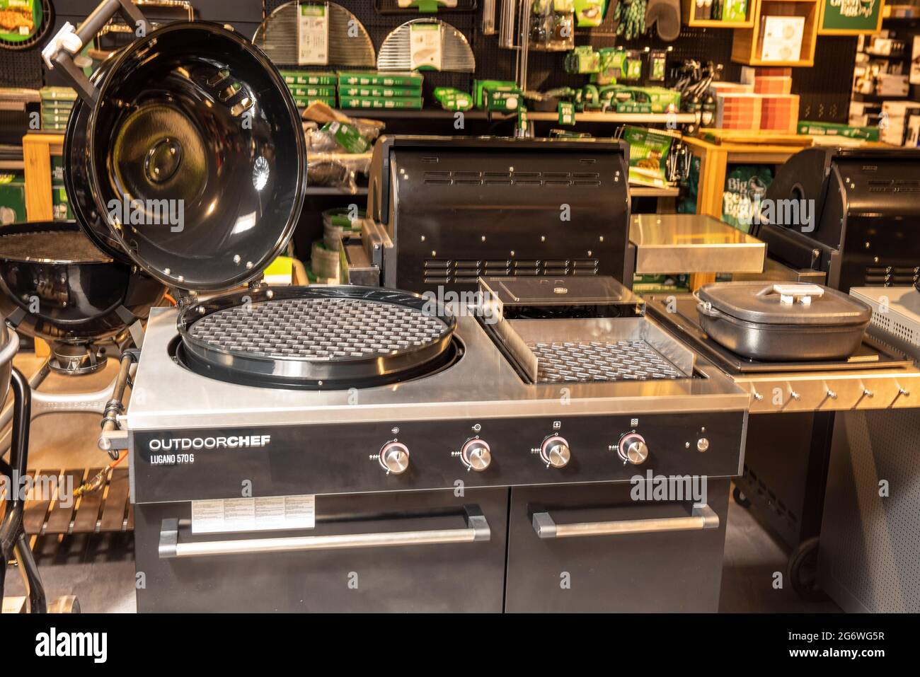 Bad Hersfeld, Germany. 30th June, 2021. An Outdoorchef Lugano grill station  stands in the headquarters of Grillfürst GmbH. (to dpa "With steaks and  corn on the cob: barbecue industry booms in Corona