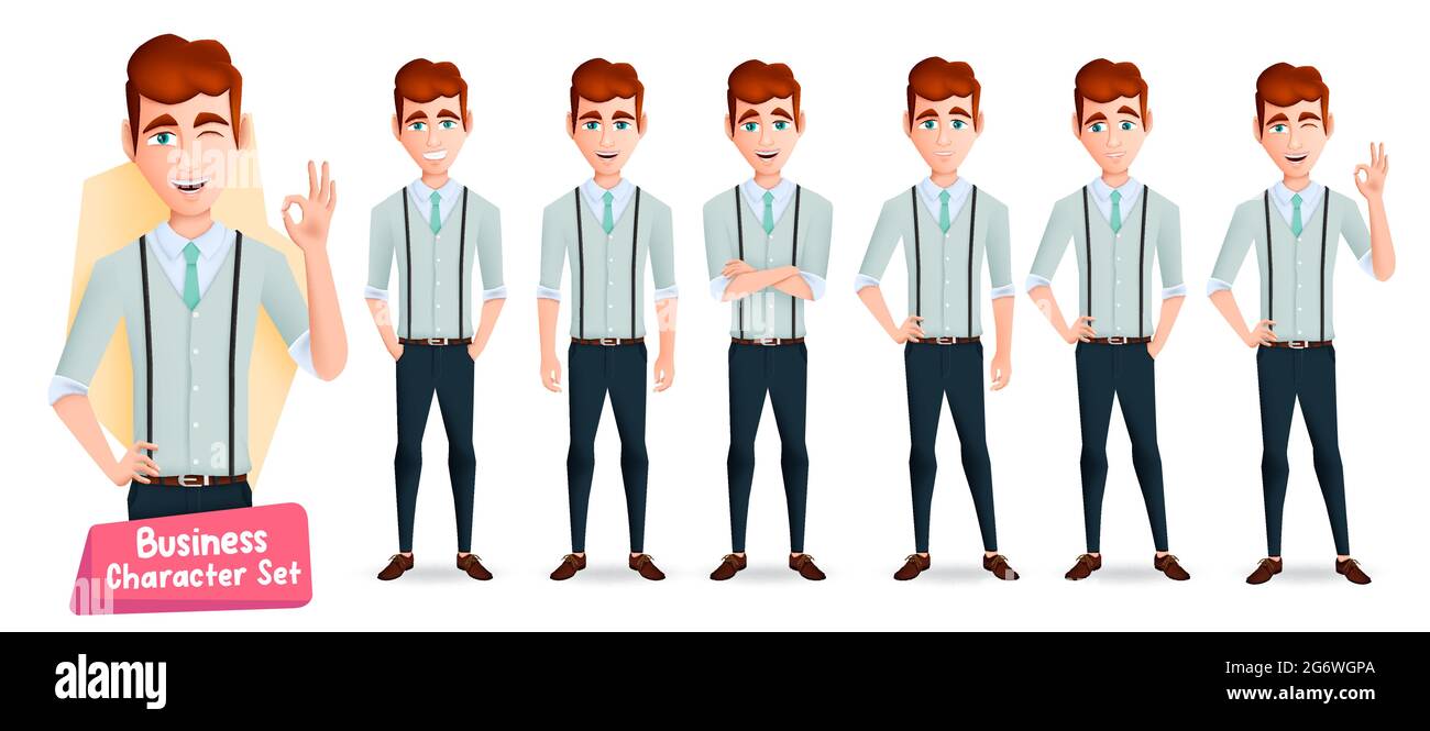 Business man characters vector set. Businessman male character in happy ...
