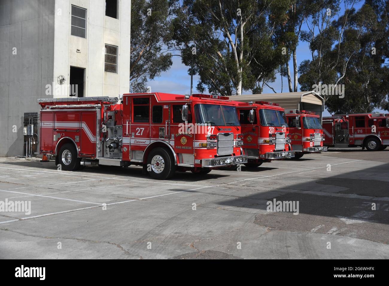 Three San Diego Fire-Rescue fire apparatus in a row Stock Photo