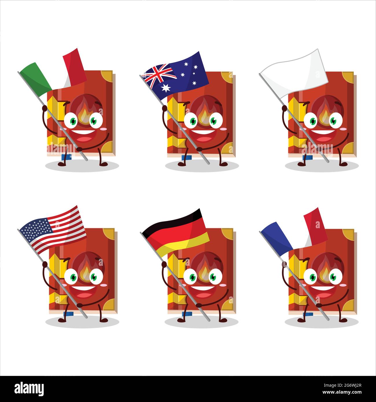 Fire book of magic cartoon character bring the flags of various countries. Vector illustration Stock Vector