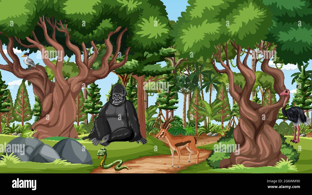 Forest scene with different wild animals illustration Stock Vector ...