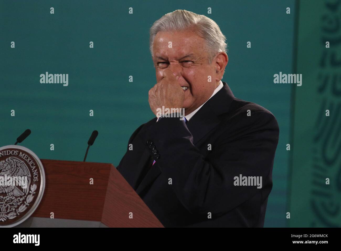 Mexico City, Mexico, July 8, 2021: Mexico’s President Andres Manuel Lopez Obrador gesticulates while offers a speech to media at National Palace. Credit: Ismael Rosas/Eyepix Group/Alamy Live News Stock Photo