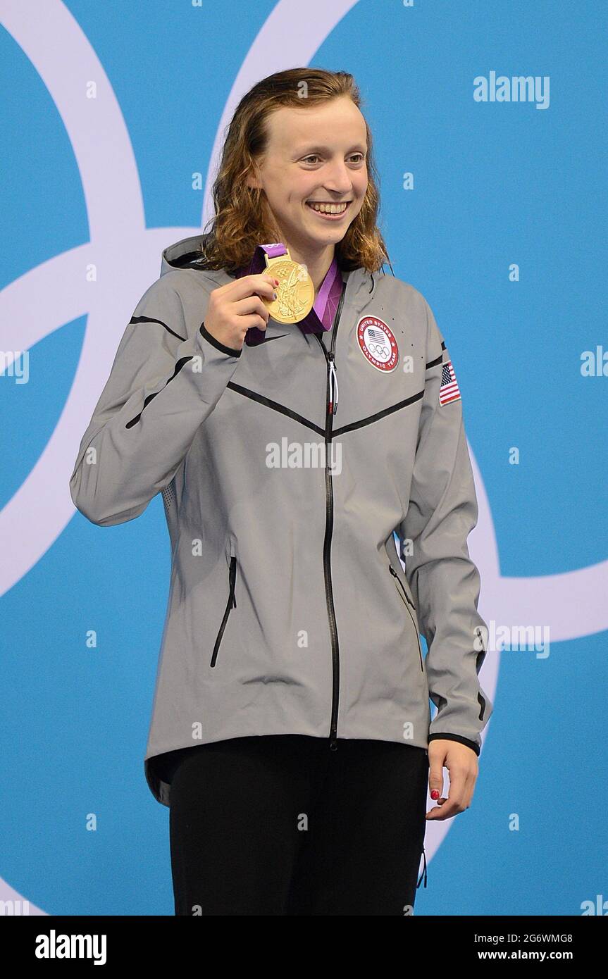 File photo dated 03-08-2012 of USA's Katie Ledecky celebrates with her gold medal following the presentation ceremony for the Women's 800m Freestyle at the Aquatics Centre in the Olympic Park, London, on the seventh day of the London 2012 Olympics. Issue date: Friday July 9, 2021. Stock Photo