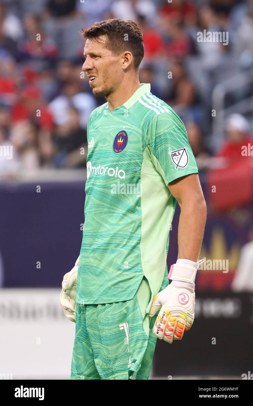 Chicago Fire goalkeeper Bobby Shuttleworth (1) looks on during a MLS match against the Orlando City SC at Soldier Field, Wednesday, July 7, 2021, in C Stock Photo