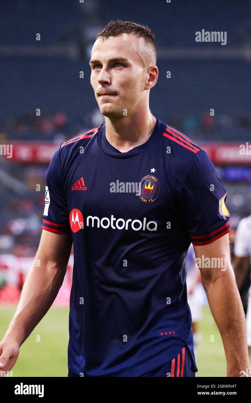 Chicago Fire defender Boris Sekulic (2) looks on during a MLS match against the Orlando City SC at Soldier Field, Wednesday, July 7, 2021, in Chicago, Stock Photo