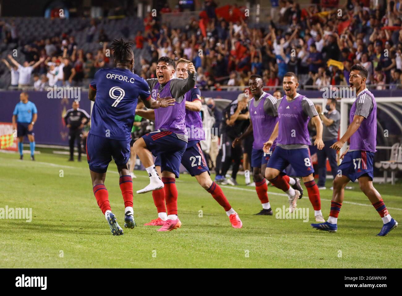 Chicago Fire midfielder Ignacio Aliseda (7) celebrates with  forward Chinonso Offor (9) during a MLS match against the Orlando City SC at Soldier Fiel Stock Photo