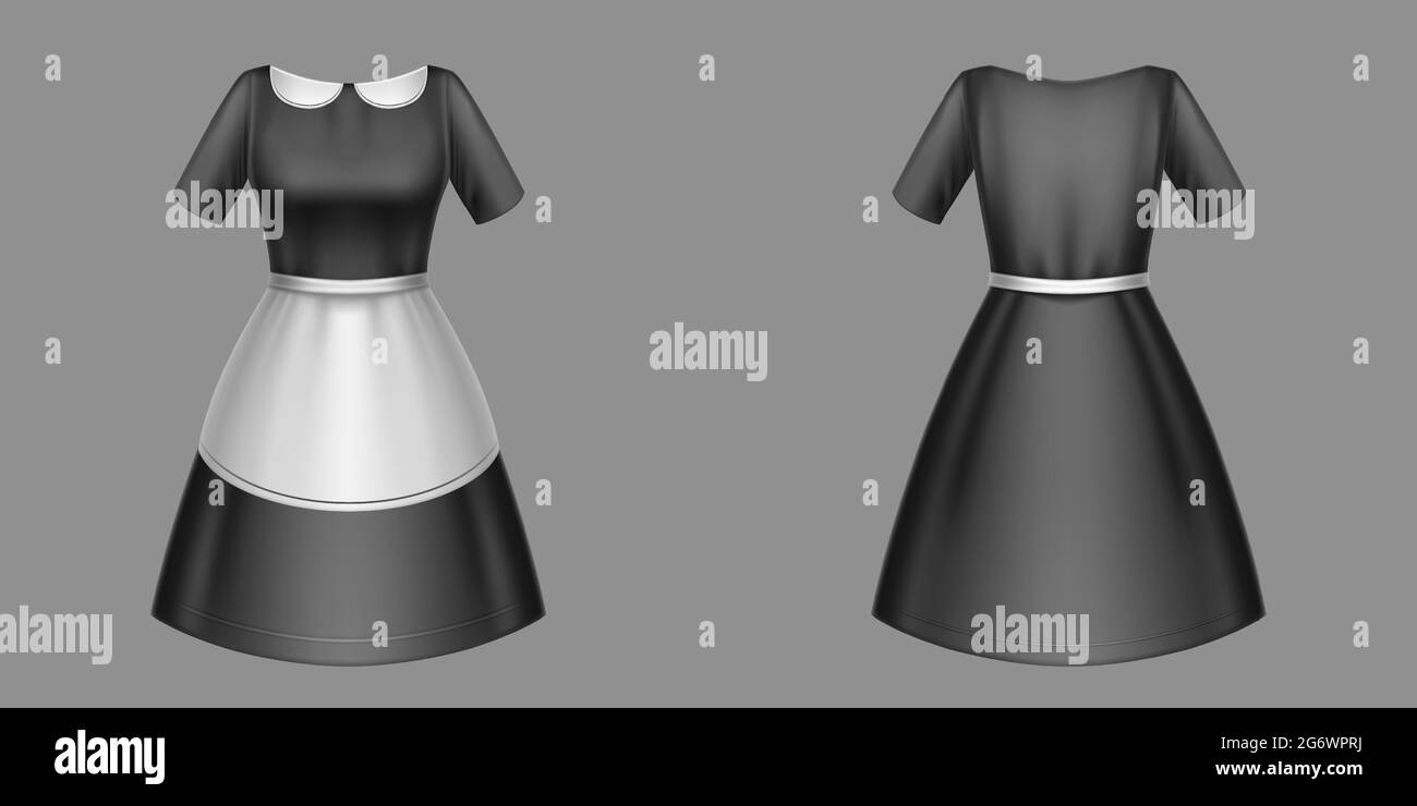 Maid uniform, black housemaid dress with white collar and apron front and rear view. Housekeeping service apparel for girls, Female cleaning service garment design, Realistic 3d vector illustration Stock Vector