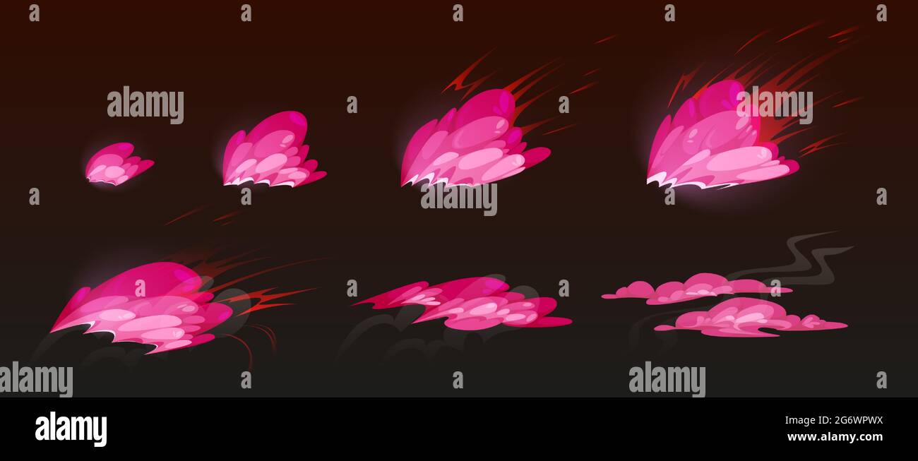 Pink burst sprites for game or animation. Vector storyboard of cartoon explosion with color clouds. Set of sequence explode with pink powder or dust splash isolated on black background Stock Vector