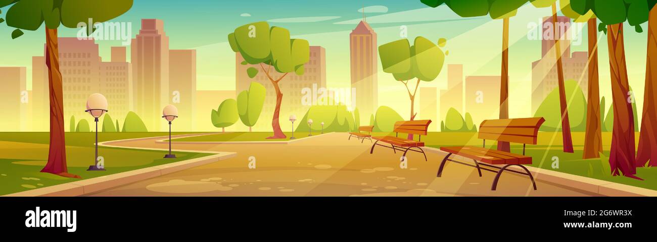 City park with benches summer scenery landscape. Urban garden with street lamps along pathway perspective view on cityscape background, empty public place with green trees, Cartoon vector illustration Stock Vector