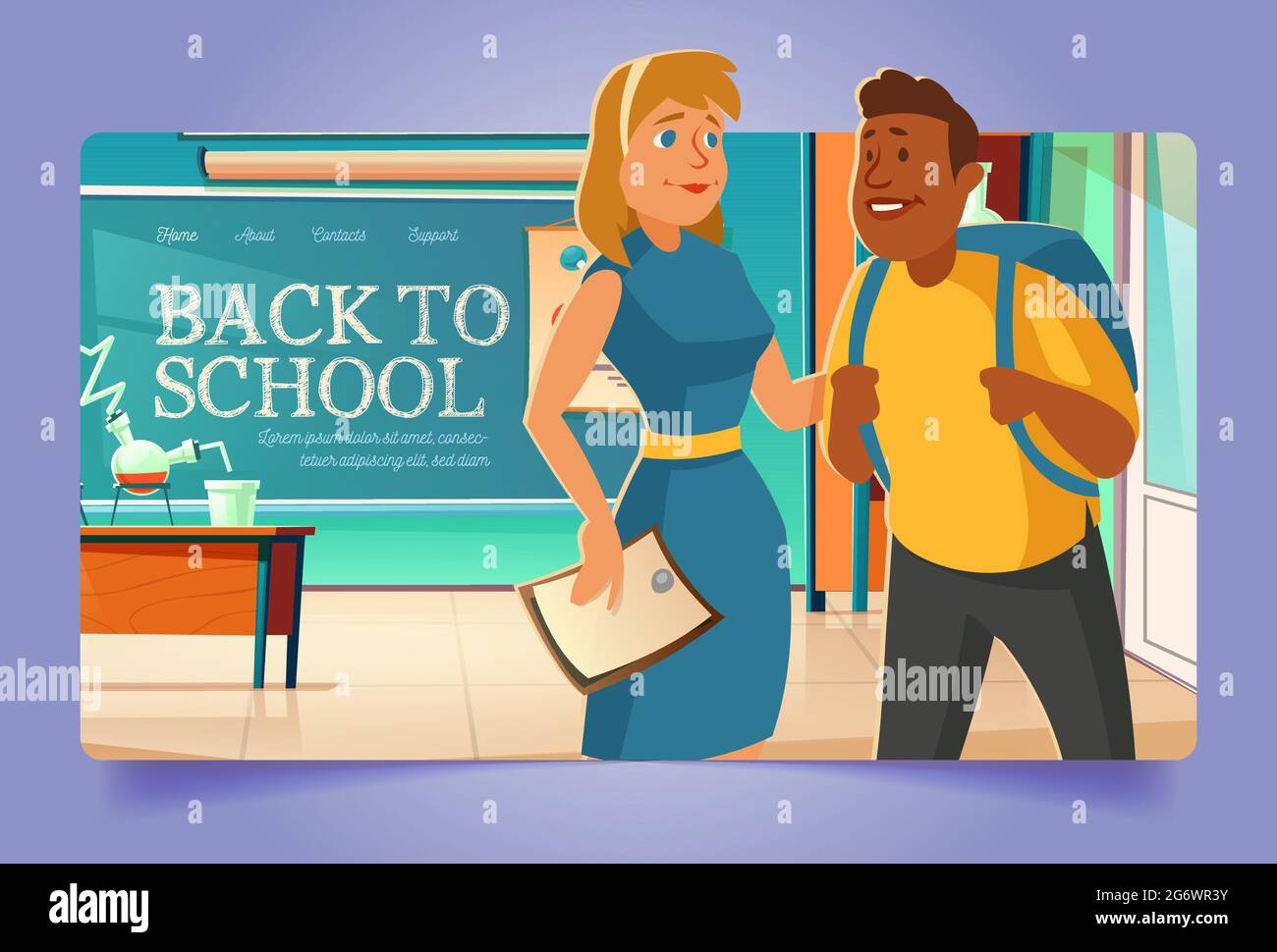 Back to school cartoon landing page with students wearing schoolbags stand in classroom with blackboard, chemistry and mathematics studying equipment. Education, knowledge vector illustration Stock Vector