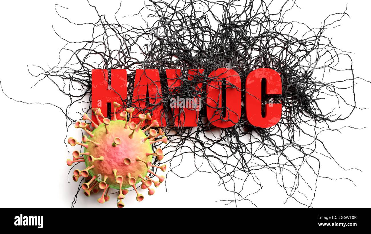 Degradation and havoc during covid pandemic, pictured as declining phrase havoc and a corona virus to symbolize current problems caused by epidemic, 3 Stock Photo