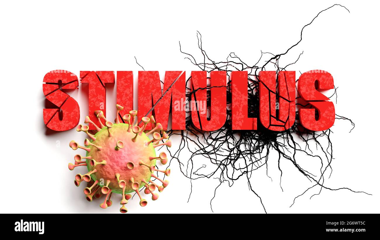 Degradation and stimulus during covid pandemic, pictured as declining phrase stimulus and a corona virus to symbolize current problems caused by epide Stock Photo