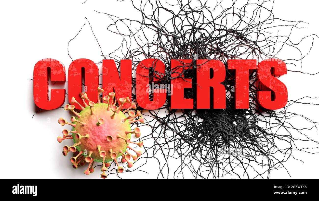 Degradation and concerts during covid pandemic, pictured as declining phrase concerts and a corona virus to symbolize current problems caused by epide Stock Photo