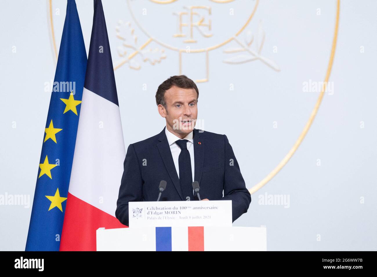 Paris Francel July 8 21 President Emmanuel Macron Attending A Ceremony To Celebrate French Philosopher And Sociologist Edgar Morin S 100th Birthday At Elysee Palace In Paris France On July 8 21 Photo Paris Francel July 8 21 President Emmanuel Macron Attending A Ceremony To Celebrate French Philosopher And Sociologist Edgar Morin S 100th Birthday At Elysee Palace In Paris France On July 8 21 Photo