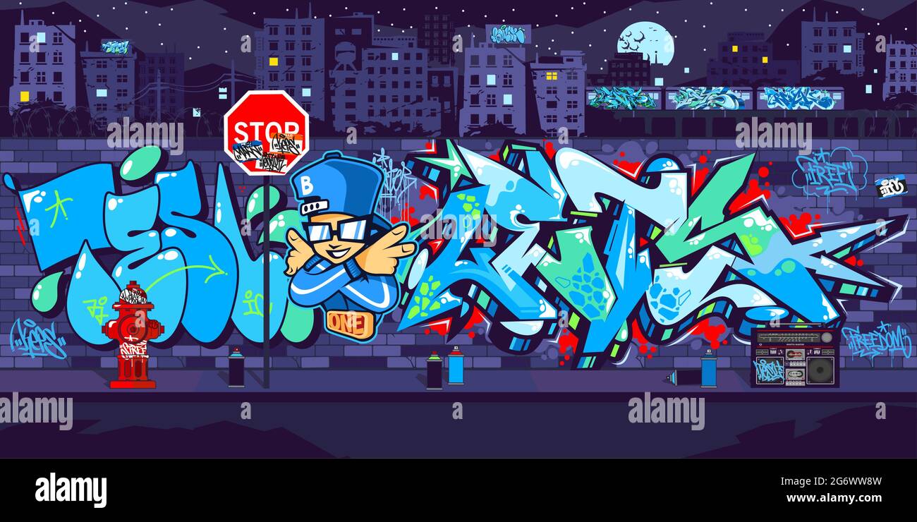 Dark Outdoor Urban Graffiti Wall With Drawings At Night Against The  Background Of The Cityscape Vector Illustration Art Stock Vector Image &  Art - Alamy